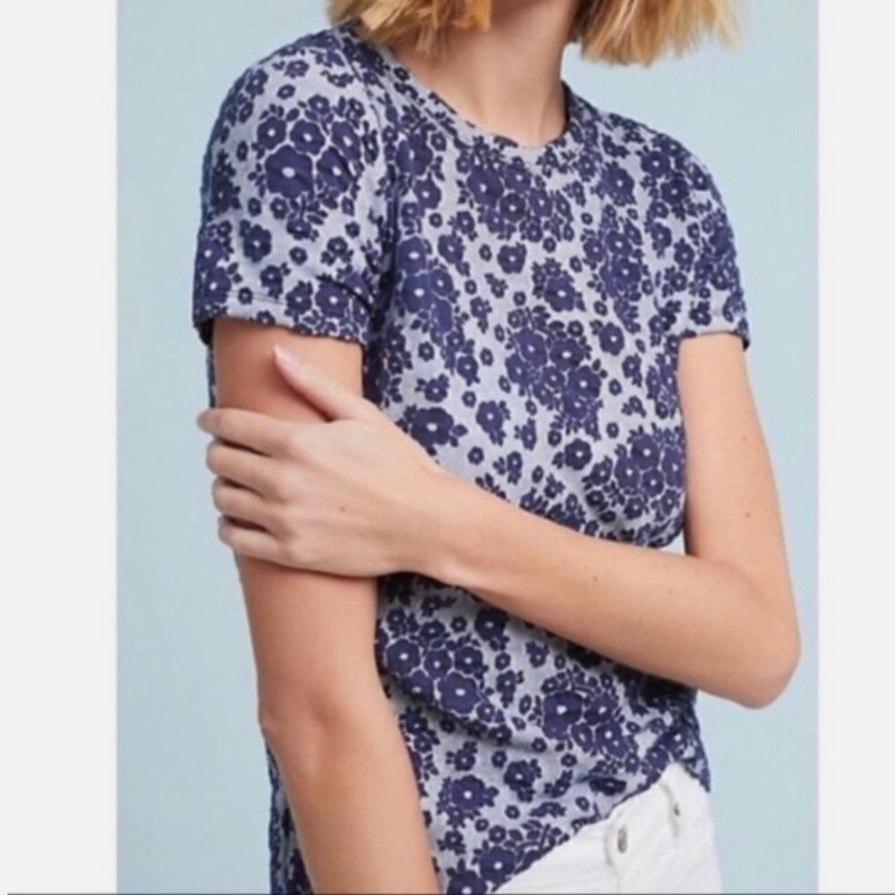 Postmark Anthropologie Blue Textured Floral Print Short Sleeve Top Size S
